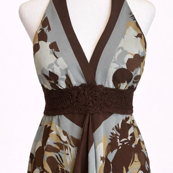 BCBG Max Azria 100% Silk Halter Dress | Brown Floral | Women's Size 4 - Picture 3 of 7